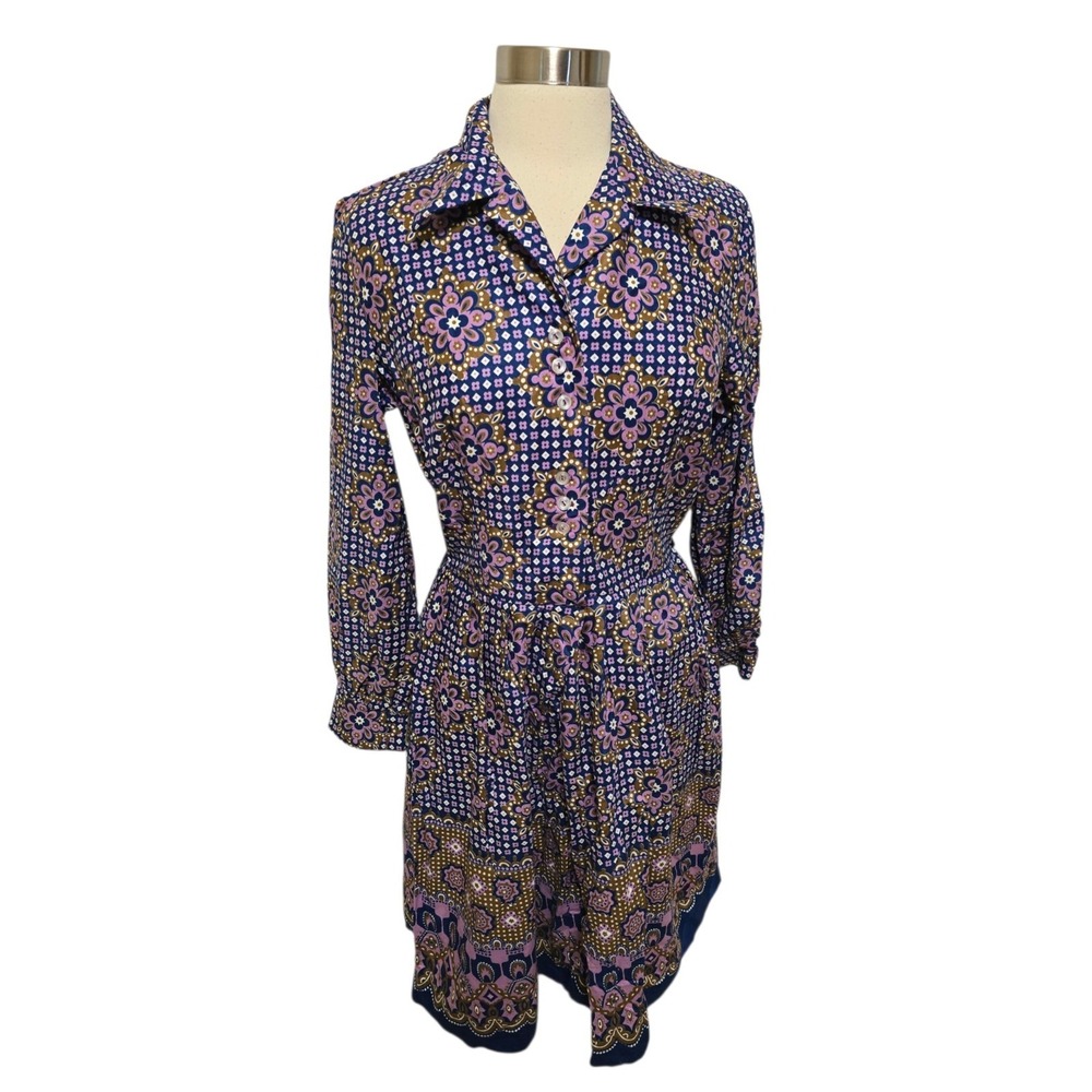 1960s 70s Vintage Womens Dress Purple‎ Print Long Sleeve